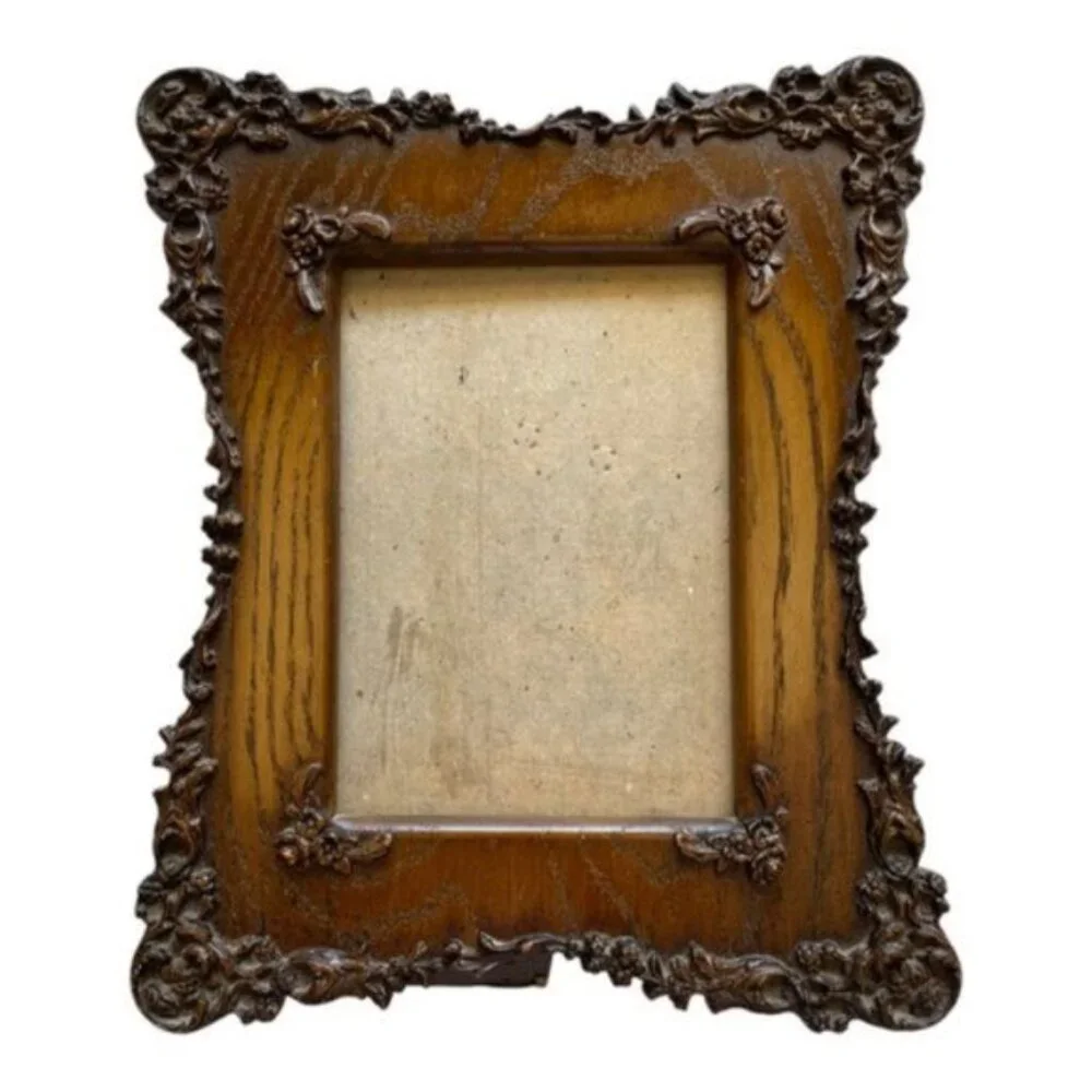 Vintage Handmade-Hand Craved Ornate Brown Wood Picture Frame